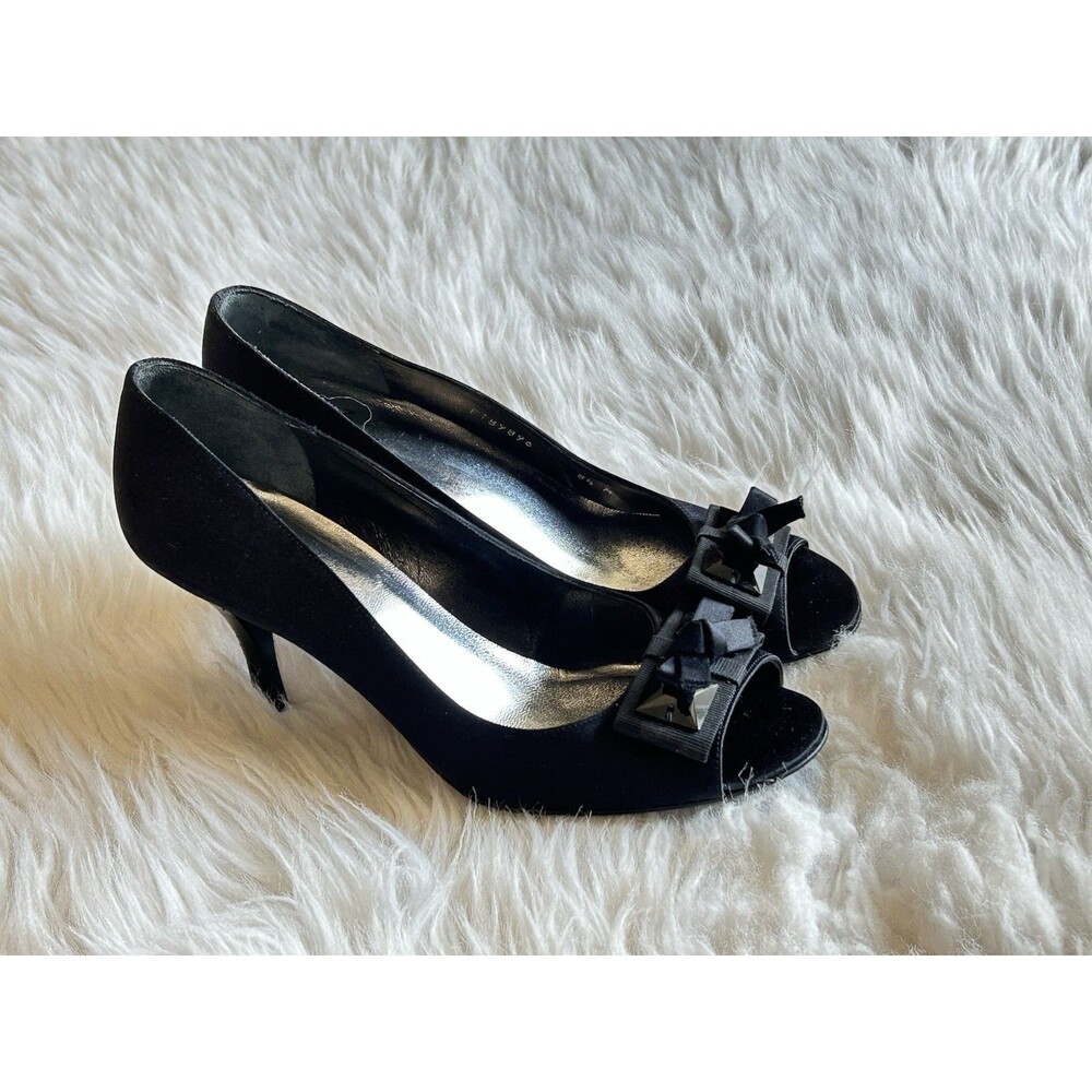 St. John Women’s Size 8.5 Black Satin Peep Toe Bow Heels Pumps EUC PARTY